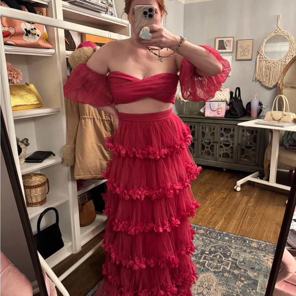 Hot Pink Two-Piece Ruffled Tulle Gown - Picture 5 of 6